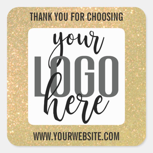Thank You Sparkly Yellow Glitter Business Logo Square Sticker (Front)