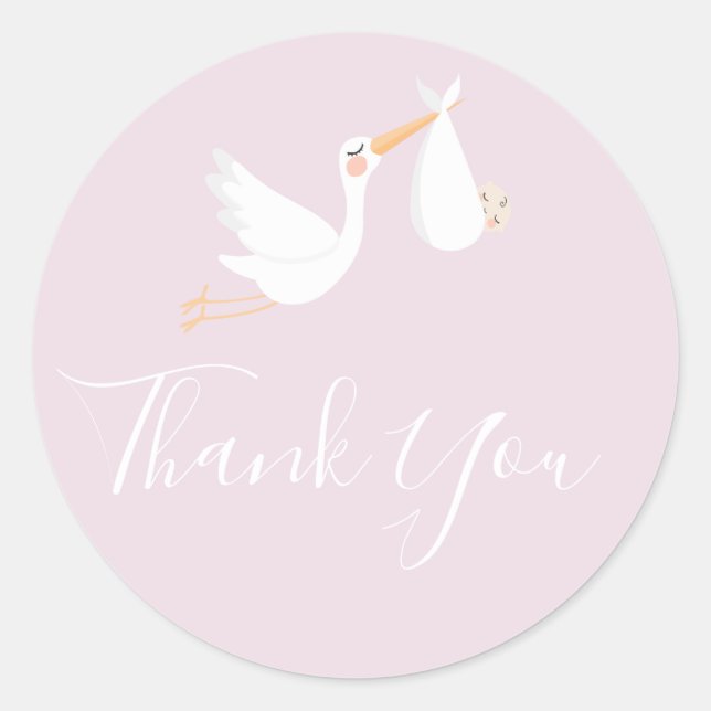Thank You Special Delivery Stork and Baby Pink Classic Round Sticker (Front)