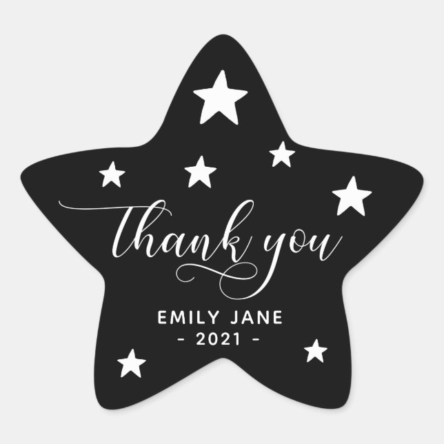 Thank You Stars Baby Shower Party Stickers | Black (Front)
