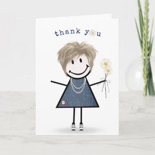 Thank You Stick Figure Girl with Daisies  Card