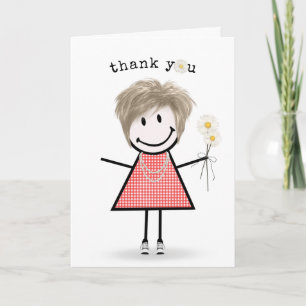 Thank You Stick Figure Girl with Daisies Card