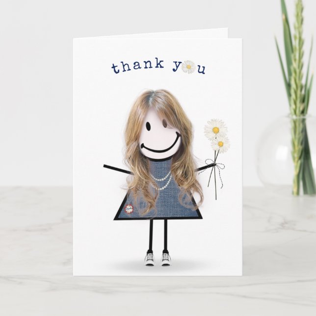 Thank You Stick Figure Girl with Daisies Card (Front)