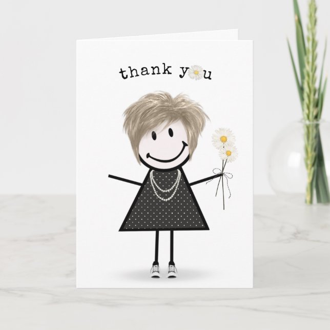 Thank You Stick Figure Girl with Daisies Card (Front)