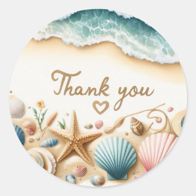 Thank You Sticker – Coastal Beach with Seashells  (Front)