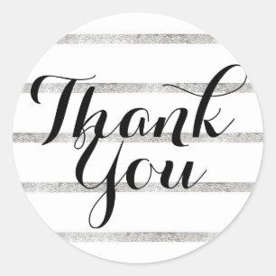 Thank You Sticker Faux Silver Leaf Cursive Black