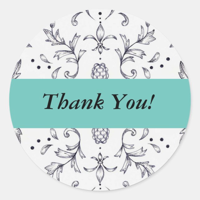 Thank You Stickers Damask Black and Teal (Front)