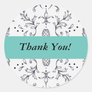Thank You Stickers Damask Black and Teal