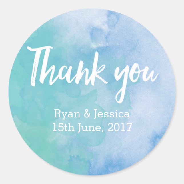 Thank you stickers | weddings | Blue Watercolor (Front)