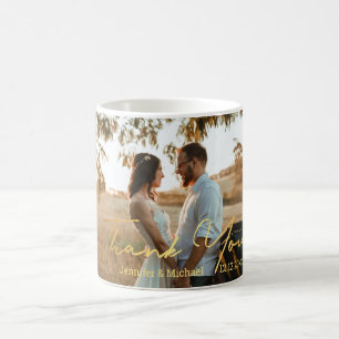 thank you,stylish gold handwriting wedding photo  coffee mug