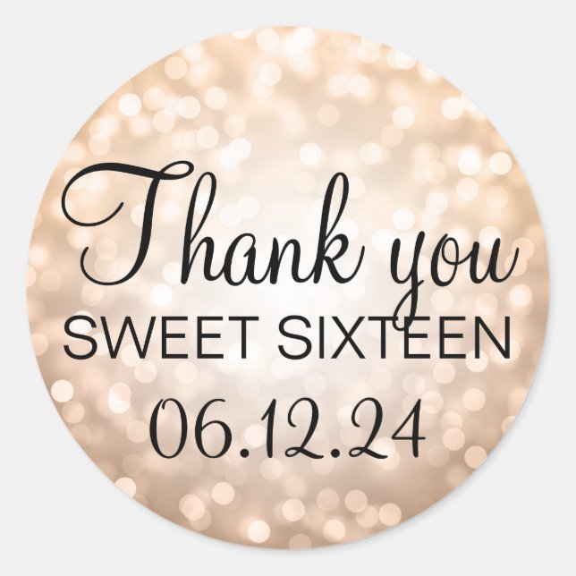 Thank You Sweet 16 Birthday Copper Glitter Lights Classic Round Sticker (Front)
