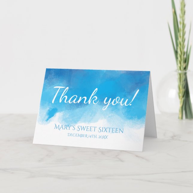Thank You Sweet 16 Summer Blue Watercolor Card (Front)