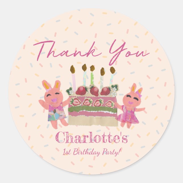 Thank You Sweet Bunnies Kids Birthday Party Pink Classic Round Sticker (Front)