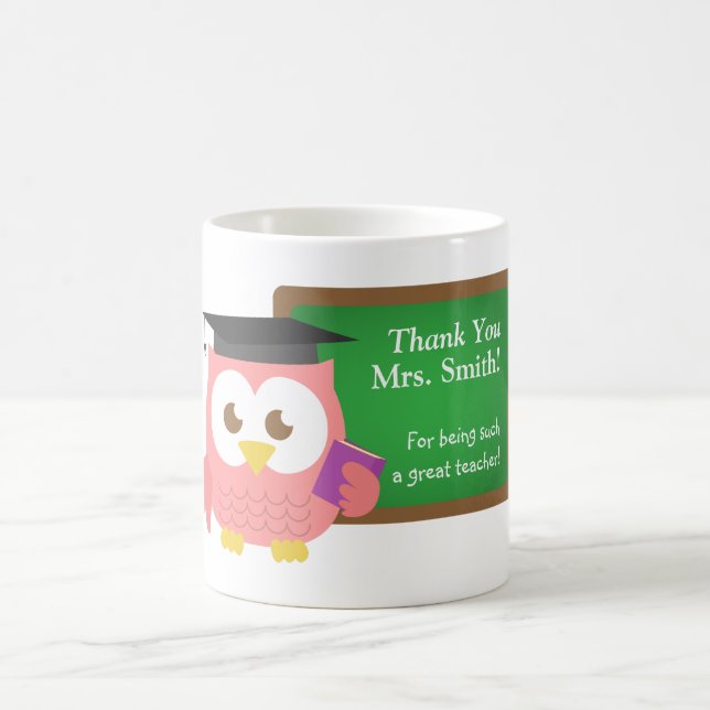 Thank you, Teacher Appreciation Day, Cute Pink Owl Coffee Mug (Center)