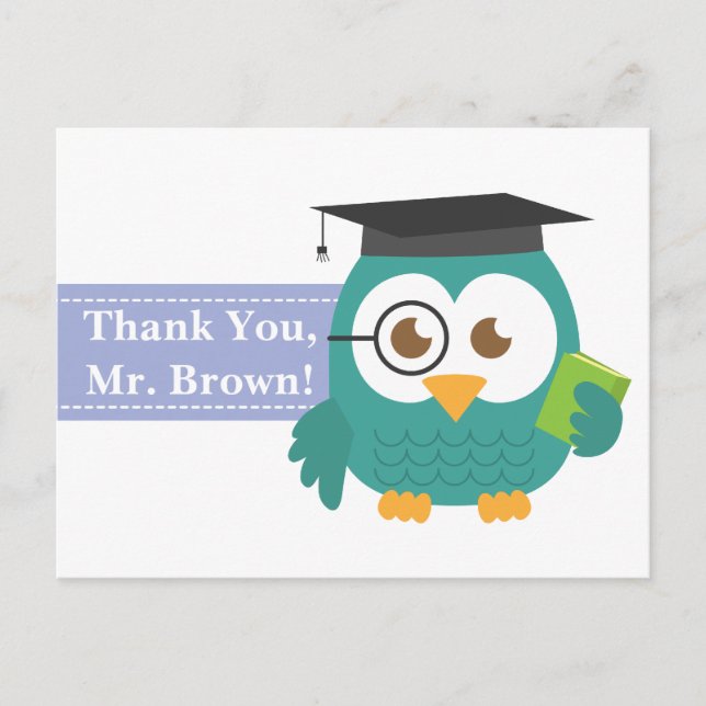 Thank You, Teacher Appreciation, Teacher Owl Postcard (Front)