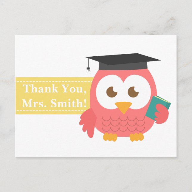 Thank You, Teacher Appreciation, Teacher Owl Postcard (Front)