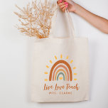 Thank You Teacher Custom Name Boho Rainbow Sun Tote Bag<br><div class="desc">Live Love Teach! The Custom Name Boho Earth Tone Rainbow Sun Teacher tote bag is a unique and stylish gift that combines bohemian and earthy elements with a vibrant rainbow sun. In addition to the striking graphic, the tote can also be customised with your own name, making it a truly...</div>