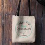 Thank You Teacher Gift Tote Bag<br><div class="desc">Say thank you to your teacher with this monogram tote bag,  featuring teal blue round border,  name,  teacher quote,  thank you note,  and year. Easily personalise this template by clicking on the "customise it" button to change the font,  size and colour.</div>