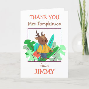 Thank you Teacher Name Cute Deer Leaves Card