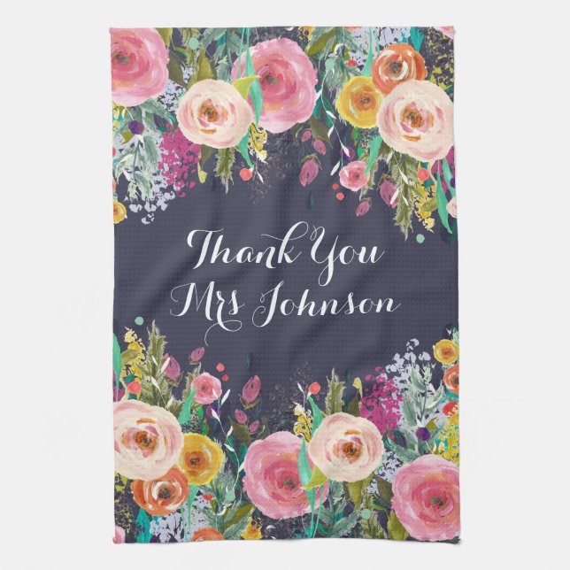 Thank You Teacher Painted Floral Kitchen Towel (Vertical)