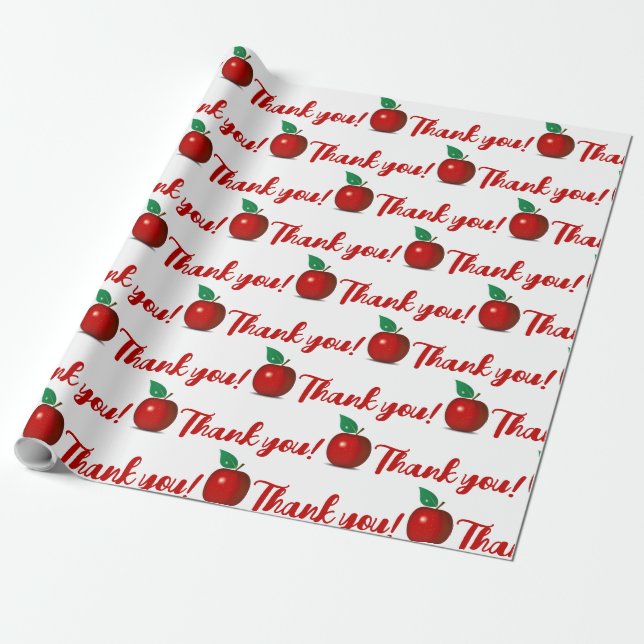 Thank you Teacher - Shiny Red Apple Wrapping Paper (Unrolled)