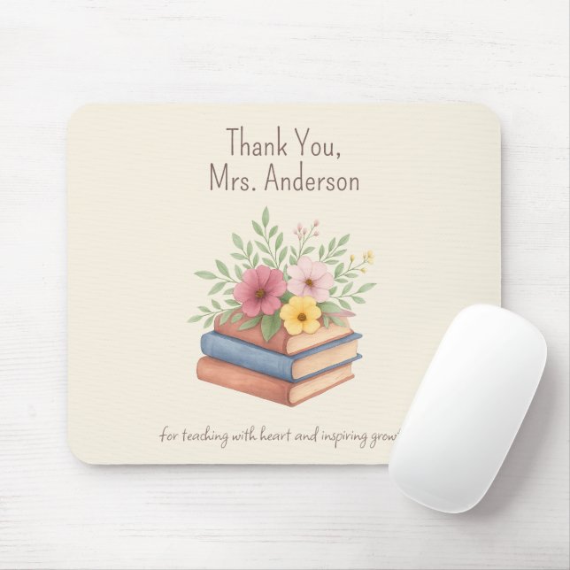Thank You Teacher – Watercolor Books & Flowers -  Mouse Pad (With Mouse)