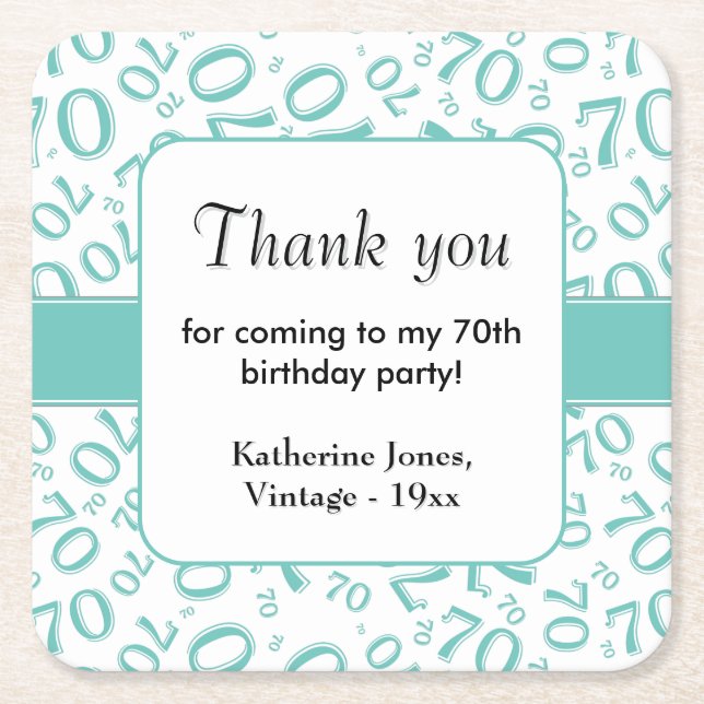 Thank You: Teal/White 70th Random Number Pattern Square Paper Coaster (Front)