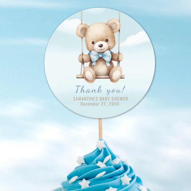 Thank You Teddy Bear Boy Baby Shower Classic Round Sticker (Creator Uploaded)