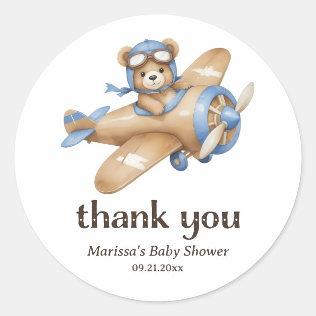 Thank You Teddy Bear Pilot Baby Boy Shower Sticker (Front)