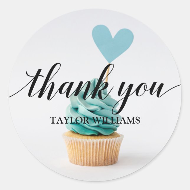 Thank You Text Blue Heart Cupcake Classic Round Sticker (Front)