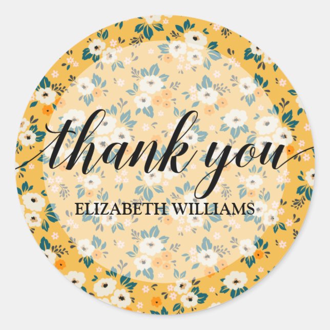 Thank You Text Flowers Yellow Classic Round Sticker (Front)