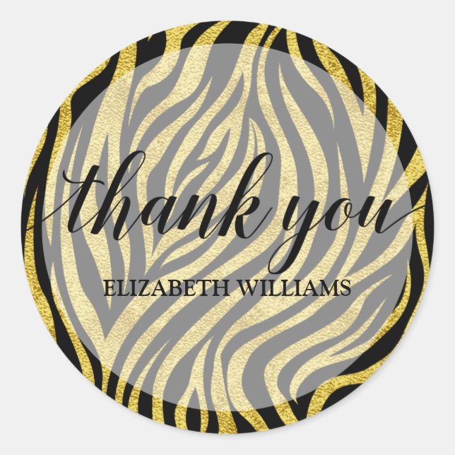 Thank You Text Gold Black Zebra Classic Round Sticker (Front)