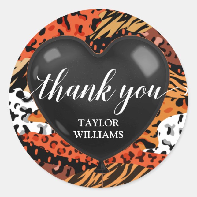 Thank You Text Heart Balloon Animal Print Classic Round Sticker (Front)