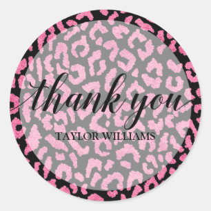 Thank You Text Pink Black Leopard Classic Round Sticker