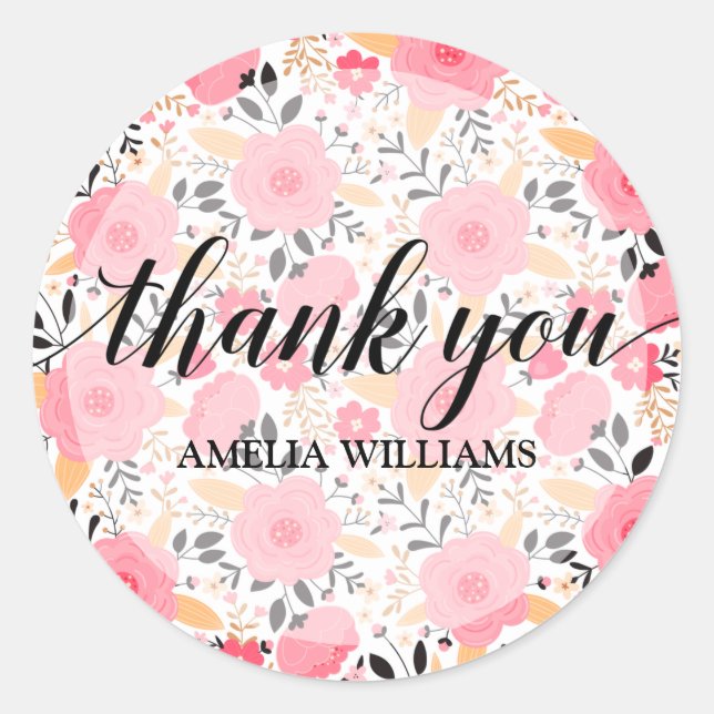 Thank You Text Pink Flowers Classic Round Sticker (Front)