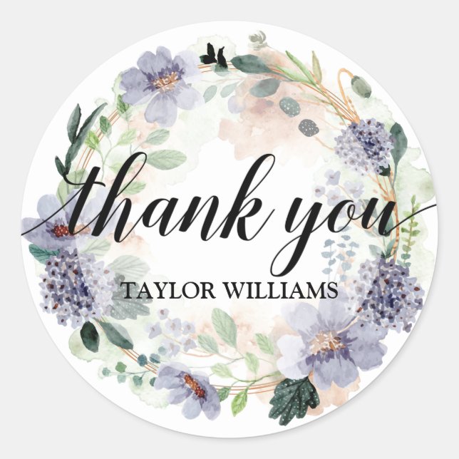 Thank You Text Purple Floral Wreath Classic Round Sticker (Front)