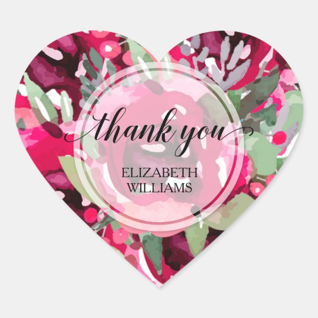 Thank You Text Watercolor Floral Heart Sticker (Front)