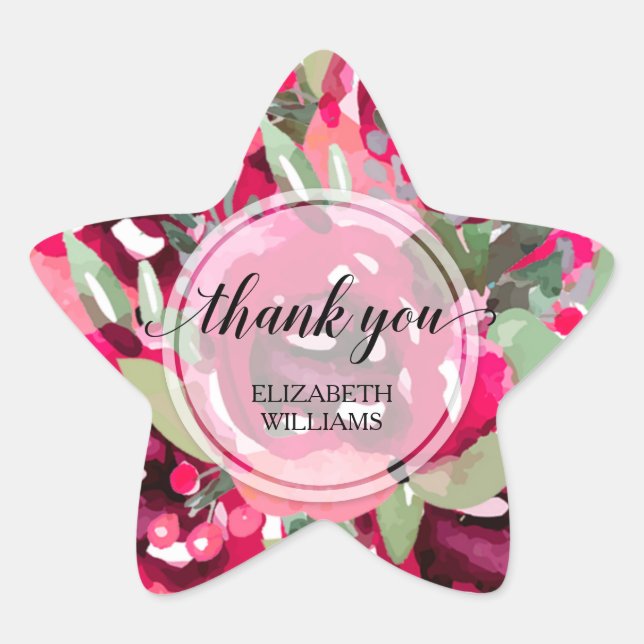 Thank You Text Watercolor Flowers Star Sticker (Front)