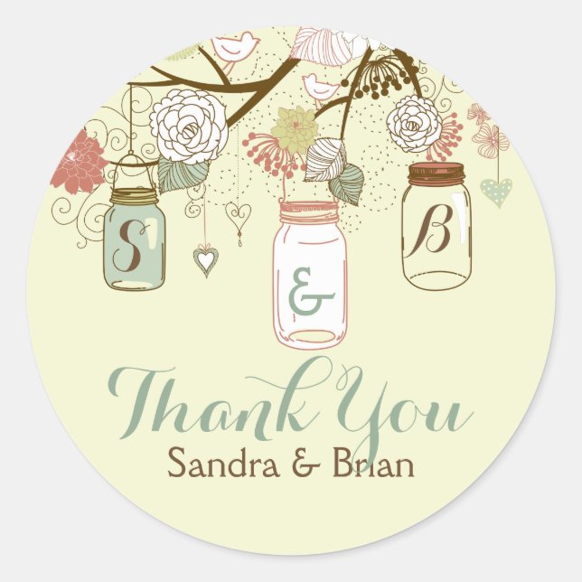 Thank You Text With Retro Flowers & Mason Jars Classic Round Sticker (Front)