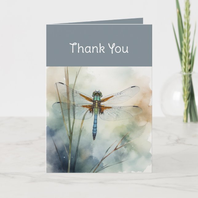 Thank You Thanks Watercolor Dragonfly Art Card (Front)