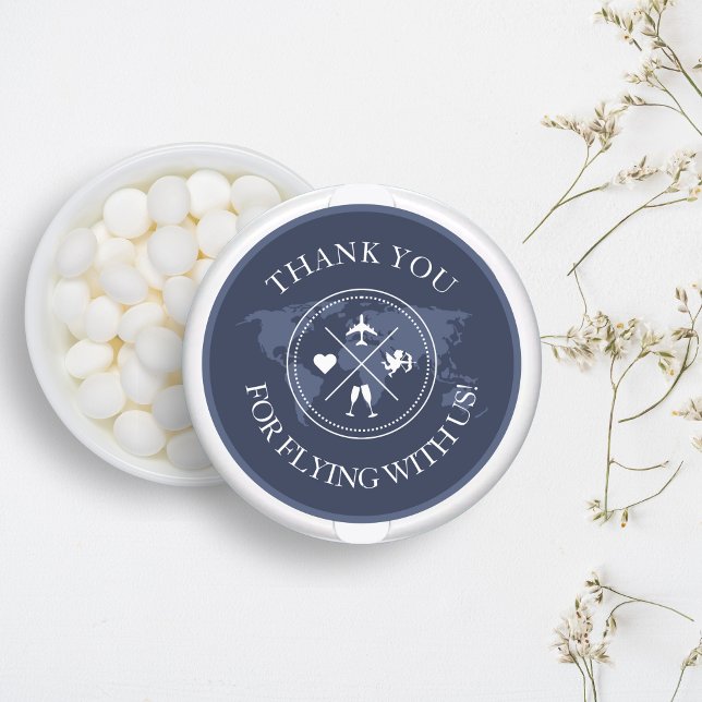 Thank you Travel Wedding World Map Navy Blue Classic Round Sticker (Thank you wedding stickers, travel themed, perfect for mints as a wedding favors)