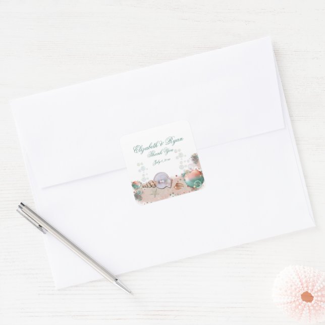 Thank You Tropical Island Beach Wedding Seashells  Square Sticker (Envelope)