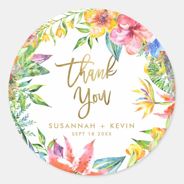 Thank you | Tropical Watercolor Flowers Wedding Classic Round Sticker (Front)