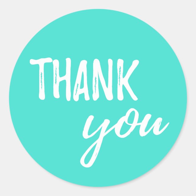 Thank You Turquoise White Brushstroke Typography Classic Round Sticker (Front)