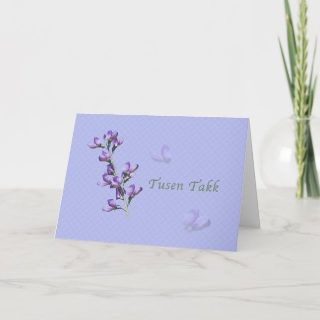Thank You, Tusen Takk, Norwegian, Purple Sweet Pea You Card (Front)