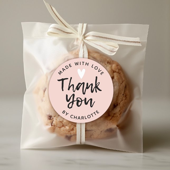 Thank You Typography blush pink Classic Round Stic Classic Round Sticker (A simple minimalist made with love thank you sticker for your homemade party favors)