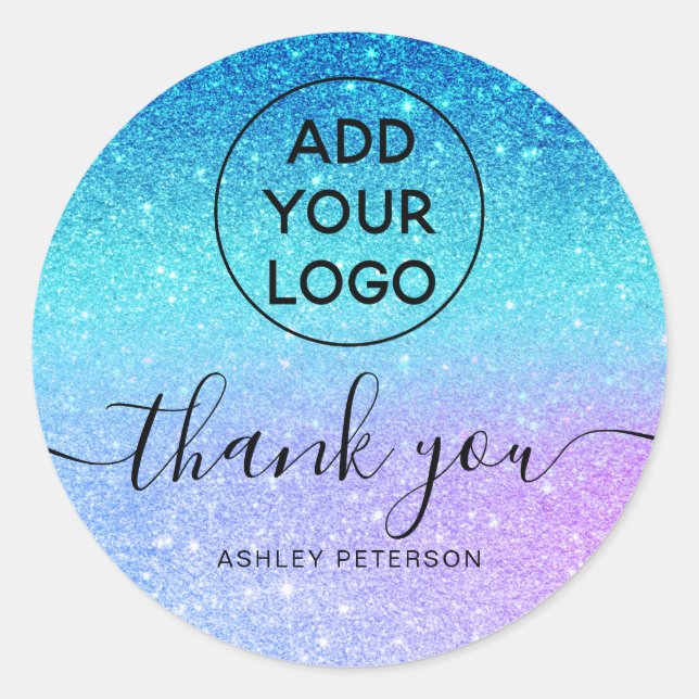 Thank you typography logo mermaid glitter blue classic round sticker (Front)
