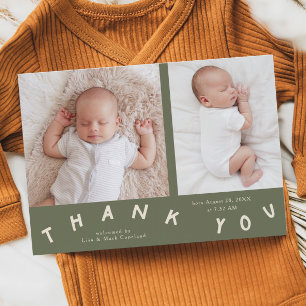 Thank You Typography Sage Green Birth Photo Announcement