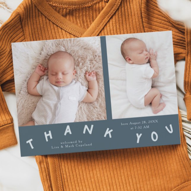 Thank You Typography Slate Blue Birth Photo  Announcement (Creator Uploaded)