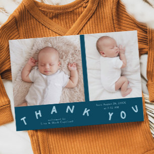 Thank You Typography Teal Birth Photo Announcement