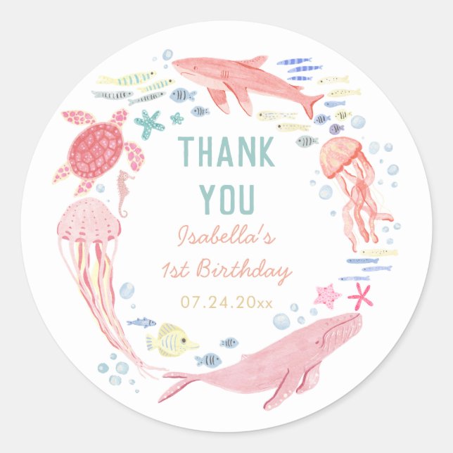 Thank You Under The Sea 1st Birthday Classic Round Sticker (Front)